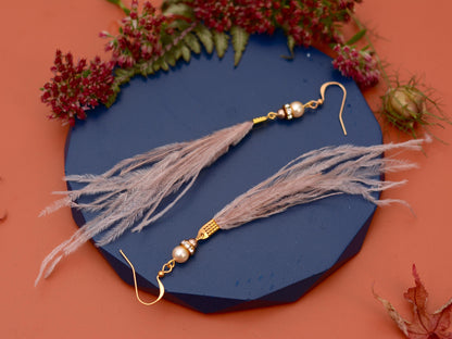 Feather Earrings in Blush Pink Ostrich Feather Earrings with Pearl and Crystal Detail in Gold
