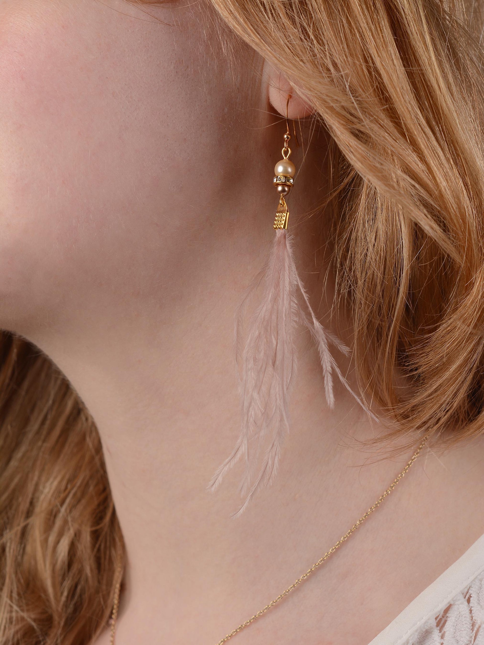 Feather Earrings in Blush Pink Ostrich Feather Earrings with Pearl and Crystal Detail in Gold