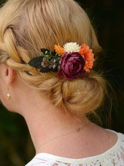 Rose Flower Hair Clip in Purple Burgundy and Burnt Orange | Fall Wedding Hair Piece
