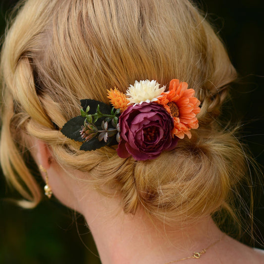 Rose Flower Hair Clip in Purple Burgundy and Burnt Orange | Fall Wedding Hair Piece