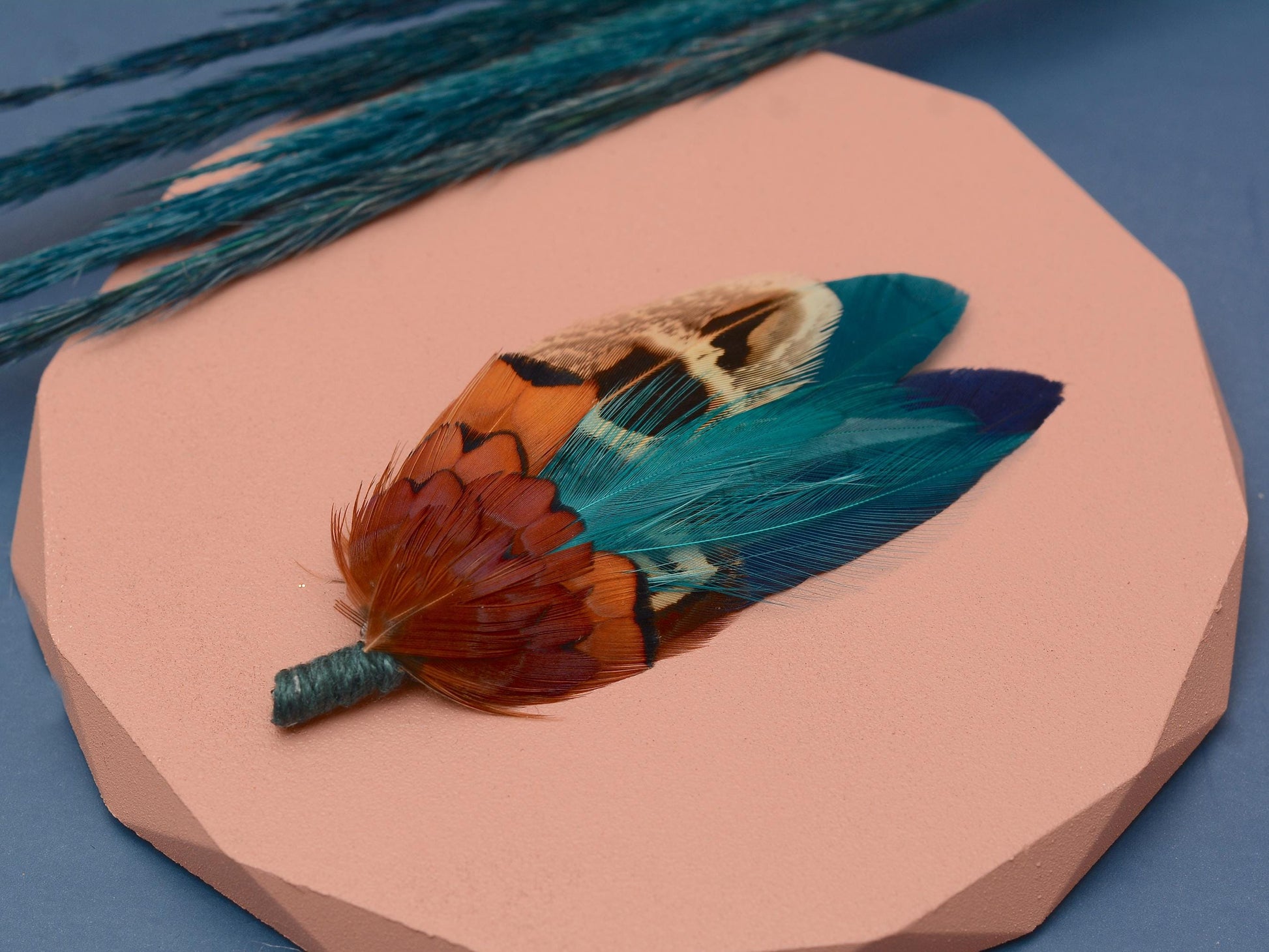 Navy Blue and Teal Pheasant Feather Pin | Feather Boutonniere | Duck Feather Brooch / Hat Pin