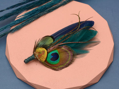 Teal and Navy Peacock Feather Boutonniere | Peacock Feather Corsage | Peacock Feather Brooch