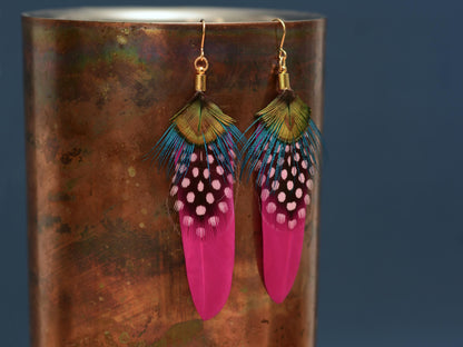 Hot Pink and Turquoise Feather Earrings | Peacock Feather Earrings | Festival Earrings | Feather Jewellery | Festival Jewellery | Bohemian