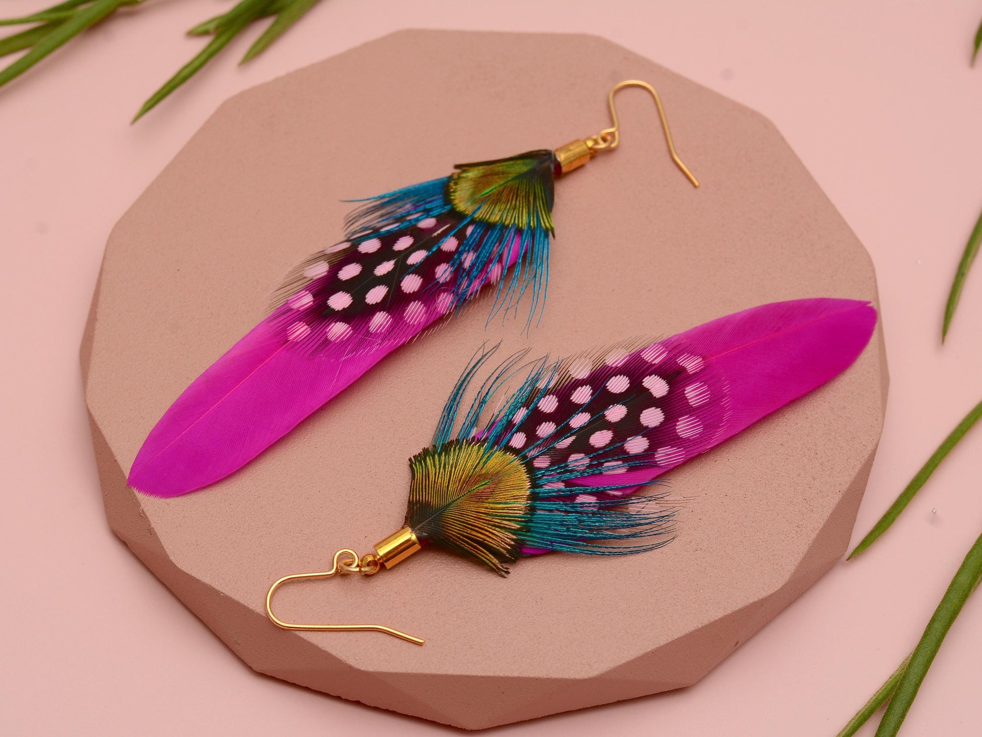 Hot Pink and Turquoise Feather Earrings | Peacock Feather Earrings | Festival Earrings | Feather Jewellery | Festival Jewellery | Bohemian