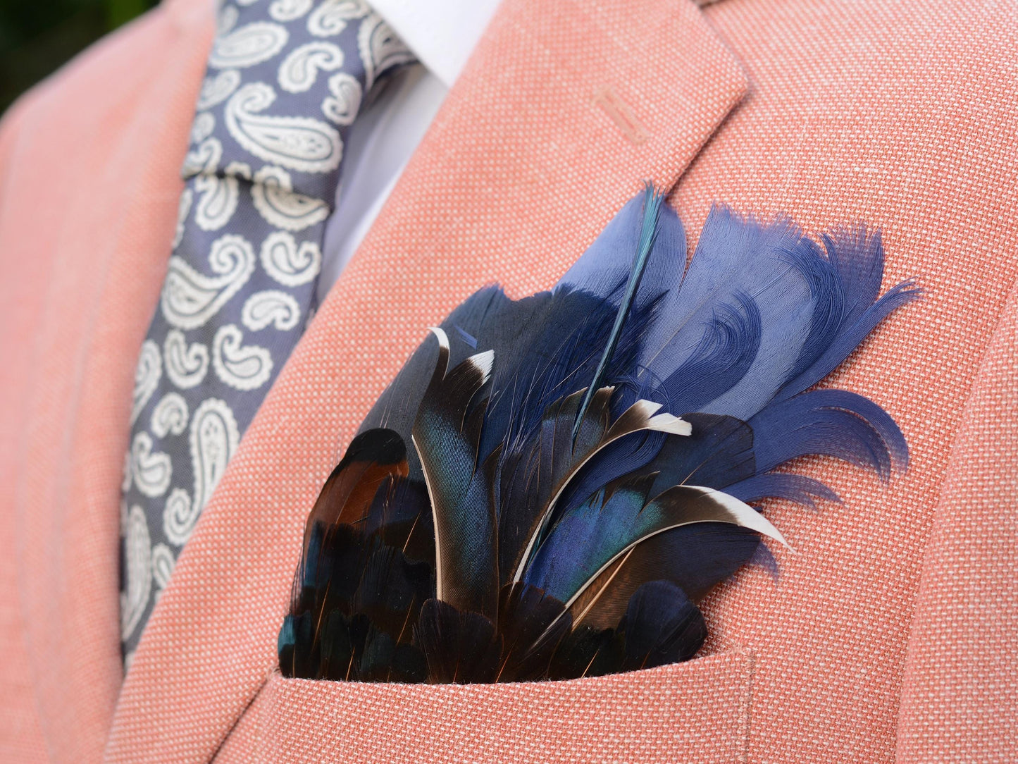 Navy Blue Duck and Pheasant Feather Pocket Square No.130 | Suit Accessory | Feather Neck Tie | Grooms Outfit