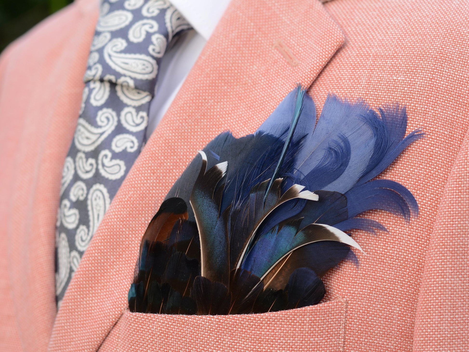 Navy Blue Duck and Pheasant Feather Pocket Square No.130 | Suit Accessory | Feather Neck Tie | Grooms Outfit