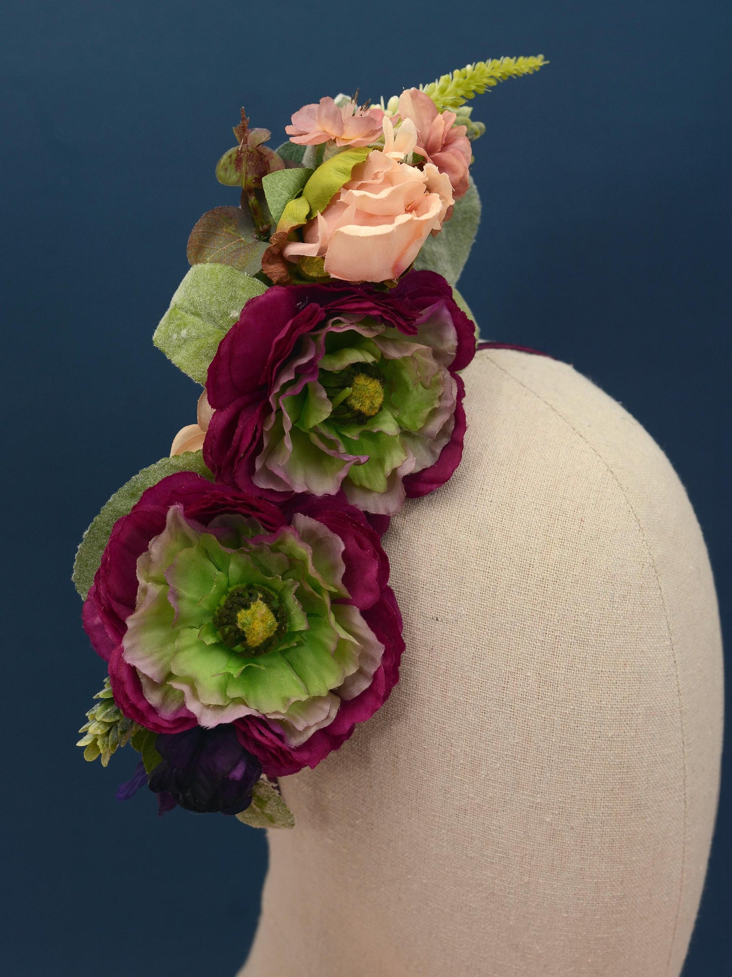 Sculptural Plum and Peach Flower Headpiece | Flower Crown | Flower Headband | Wedding Headpiece | Races Headpiece