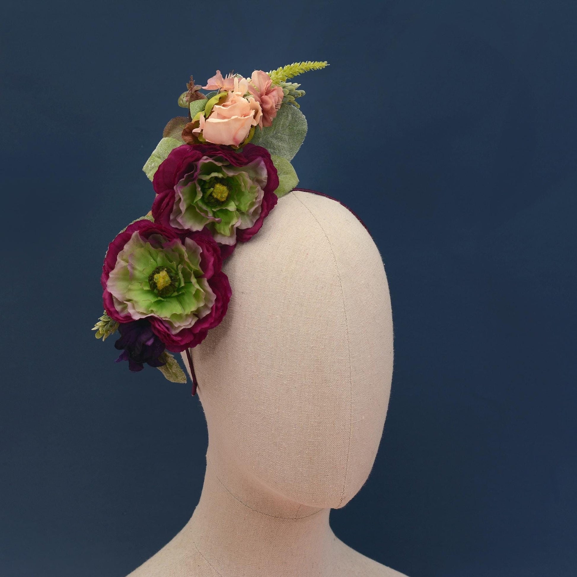 Sculptural Plum and Peach Flower Headpiece | Flower Crown | Flower Headband | Wedding Headpiece | Races Headpiece