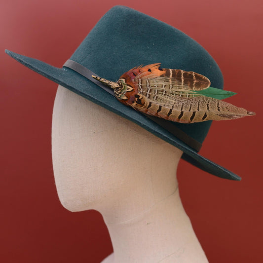 Pheasant Feather Brooch Hat Pin in Green and Copper No.274 | Unique Pheasant Feather Boutonniere