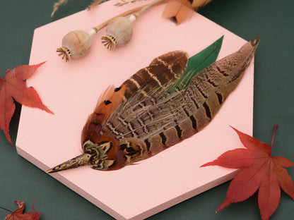 Pheasant Feather Brooch Hat Pin in Green and Copper No.274 | Unique Pheasant Feather Boutonniere