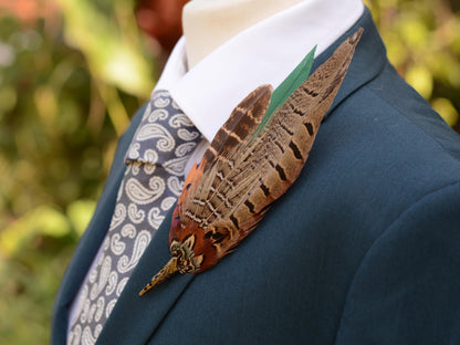 Pheasant Feather Brooch Hat Pin in Green and Copper No.274 | Unique Pheasant Feather Boutonniere
