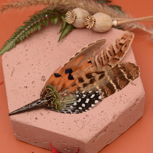 Natural Copper Pheasant Feather Boutonniere / Hat Pin No.275 | Unique Pheasant Feather Hat Pin