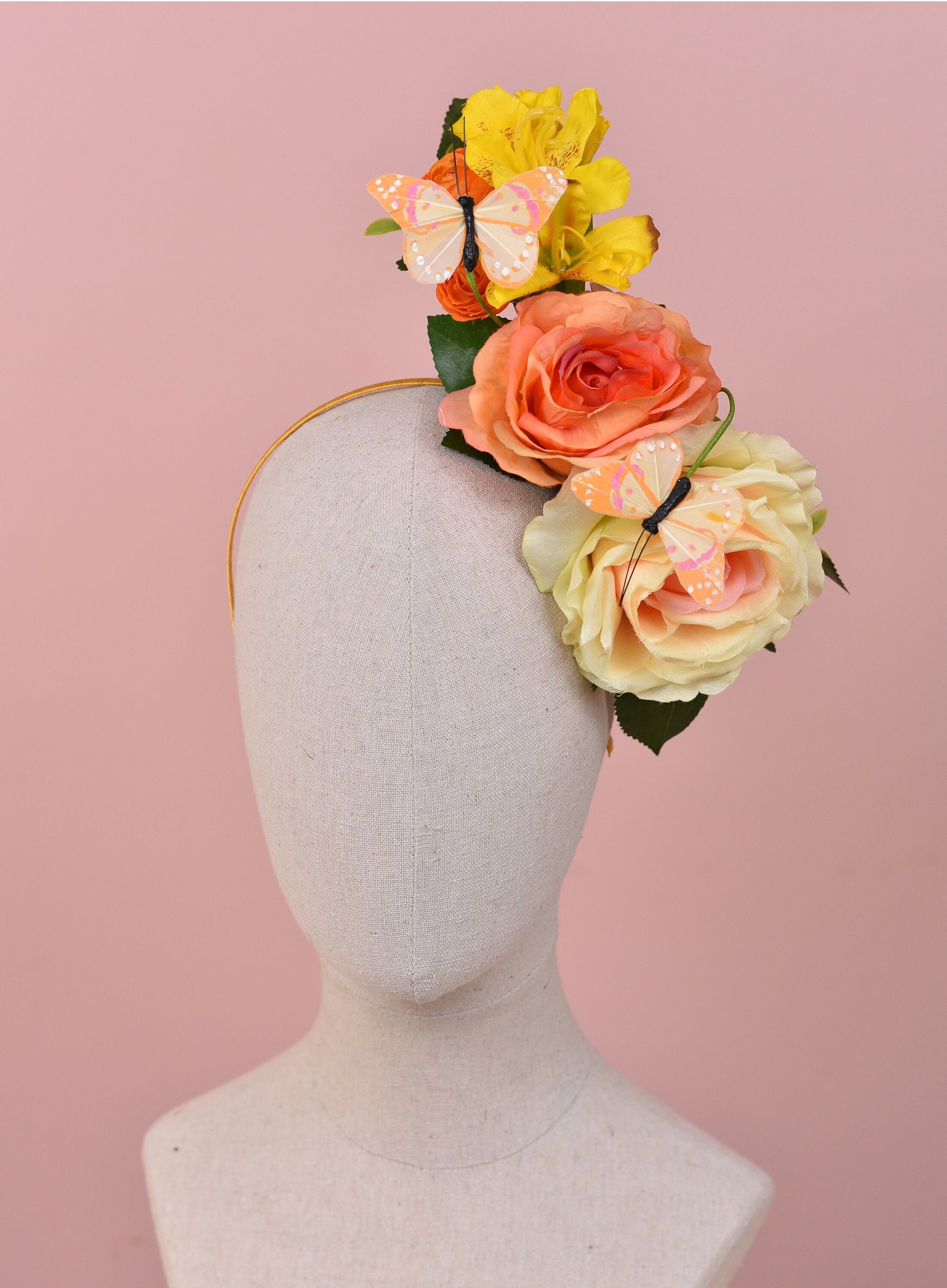 Sculptural Roses and Butterflies Headpiece in Yellow and Orange | Flower Crown | Flower Headband | Wedding Headpiece | Races Headpiece