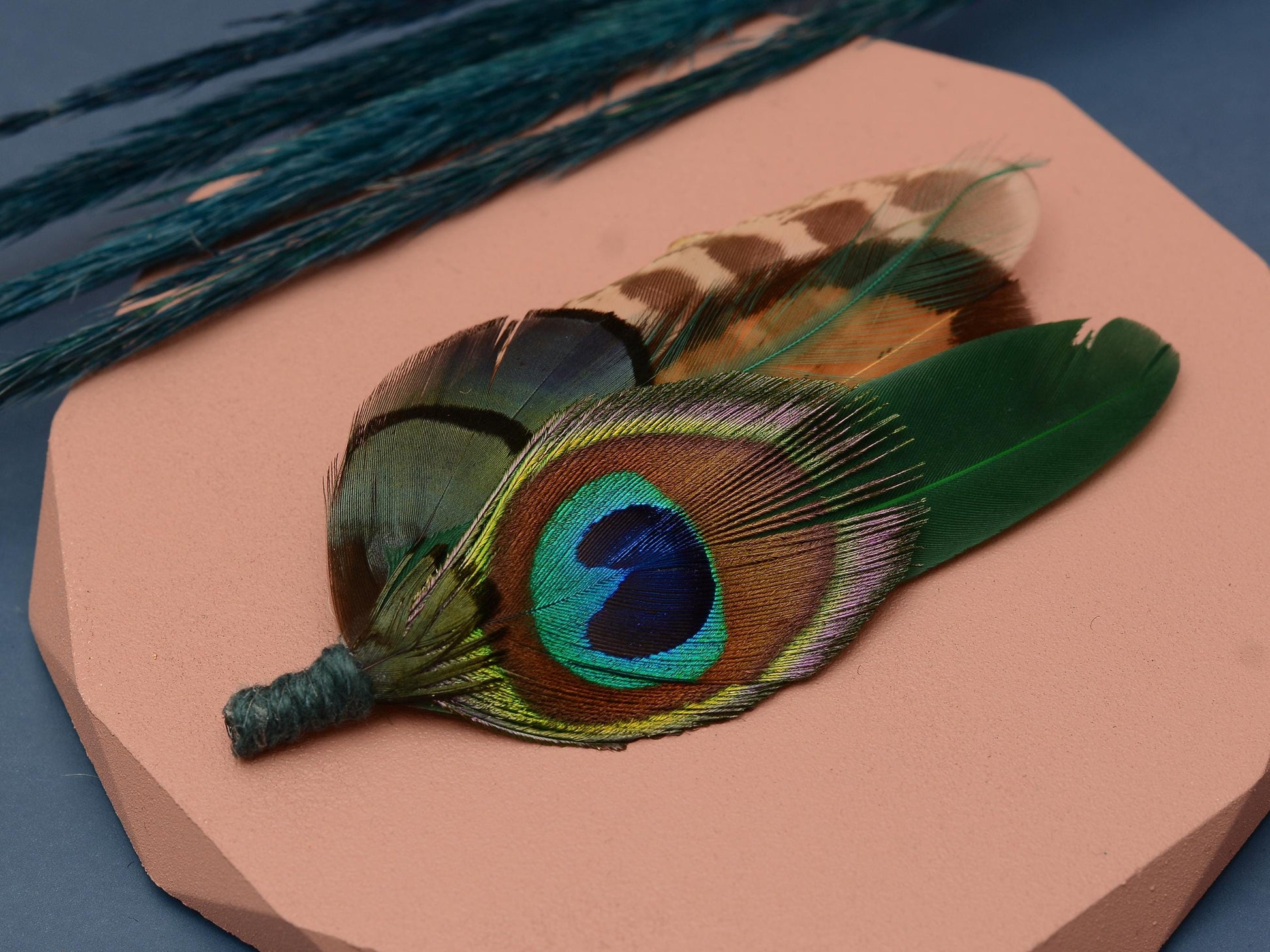 Green Peacock and Pheasant Feather Boutonniere | Peacock Feather Hat Pin | Peacock Feather Brooch