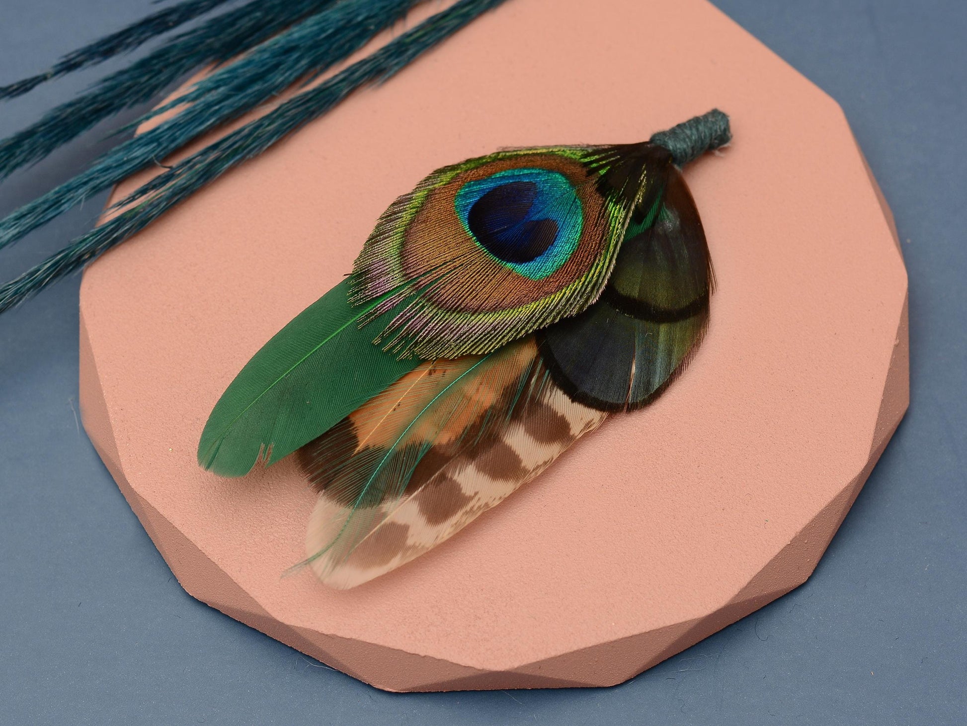 Green Peacock and Pheasant Feather Boutonniere | Peacock Feather Hat Pin | Peacock Feather Brooch