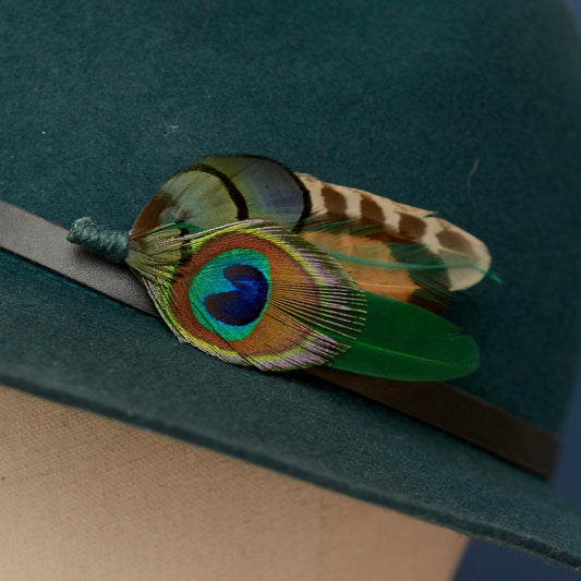 Green Peacock and Pheasant Feather Boutonniere | Peacock Feather Hat Pin | Peacock Feather Brooch