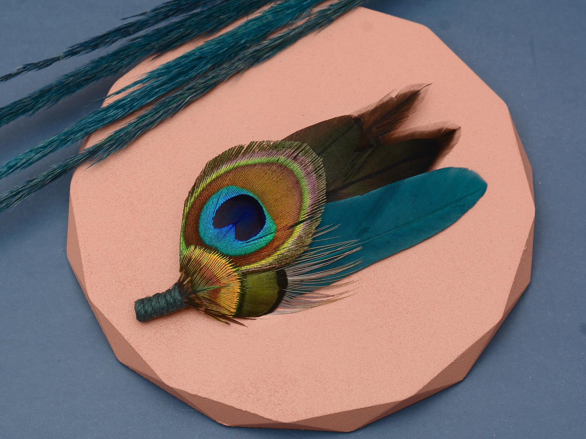 Teal and Peacock Feather Lapel Pin / Hat Pin | Peacock Feather Boutonniere | Peacock Feather Brooch