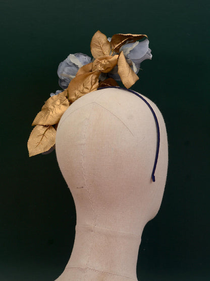 Flower Headpiece in Floating Blue and Gold Roses | Flower Headband | Bridal Headpiece | Wedding Headpiece | Races Headpiece