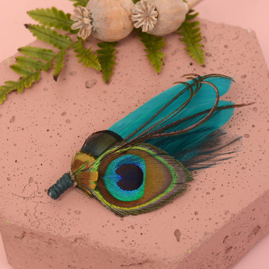 Teal Peacock Feather Boutonniere | Peacock Feather Corsage | Peacock Feather Brooch