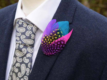 Purple, Pink, Blue and Yellow Feather Hat Pin Small No.85 | Purple Feather Boutonniere | Bright Feather Brooch | Feather Lapel Pin