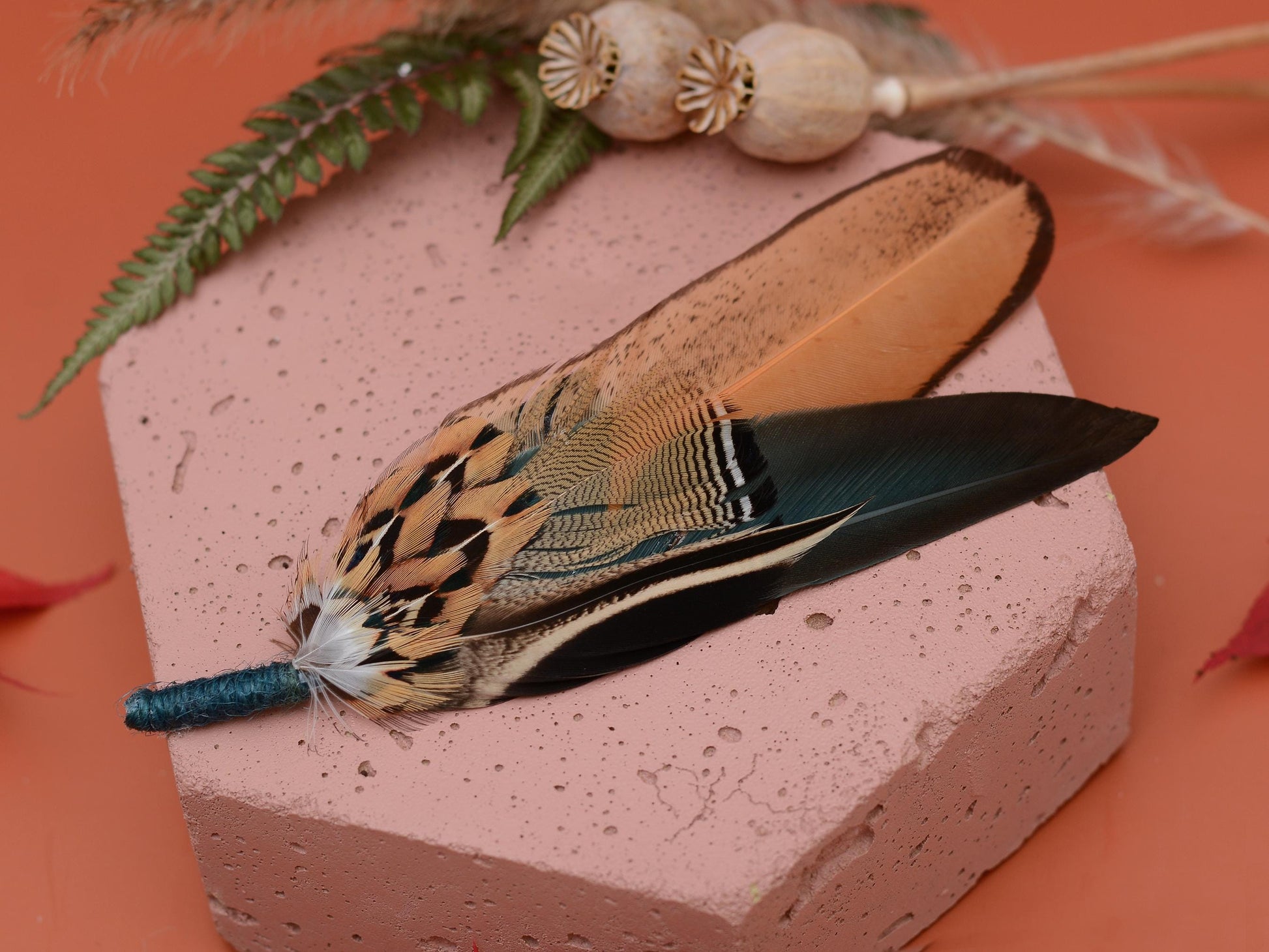 Green and Gold Duck and Pheasant Feather Hat Pin No.142 | Unique Pheasant Feather Boutonniere | Duck Feather Brooch Pin