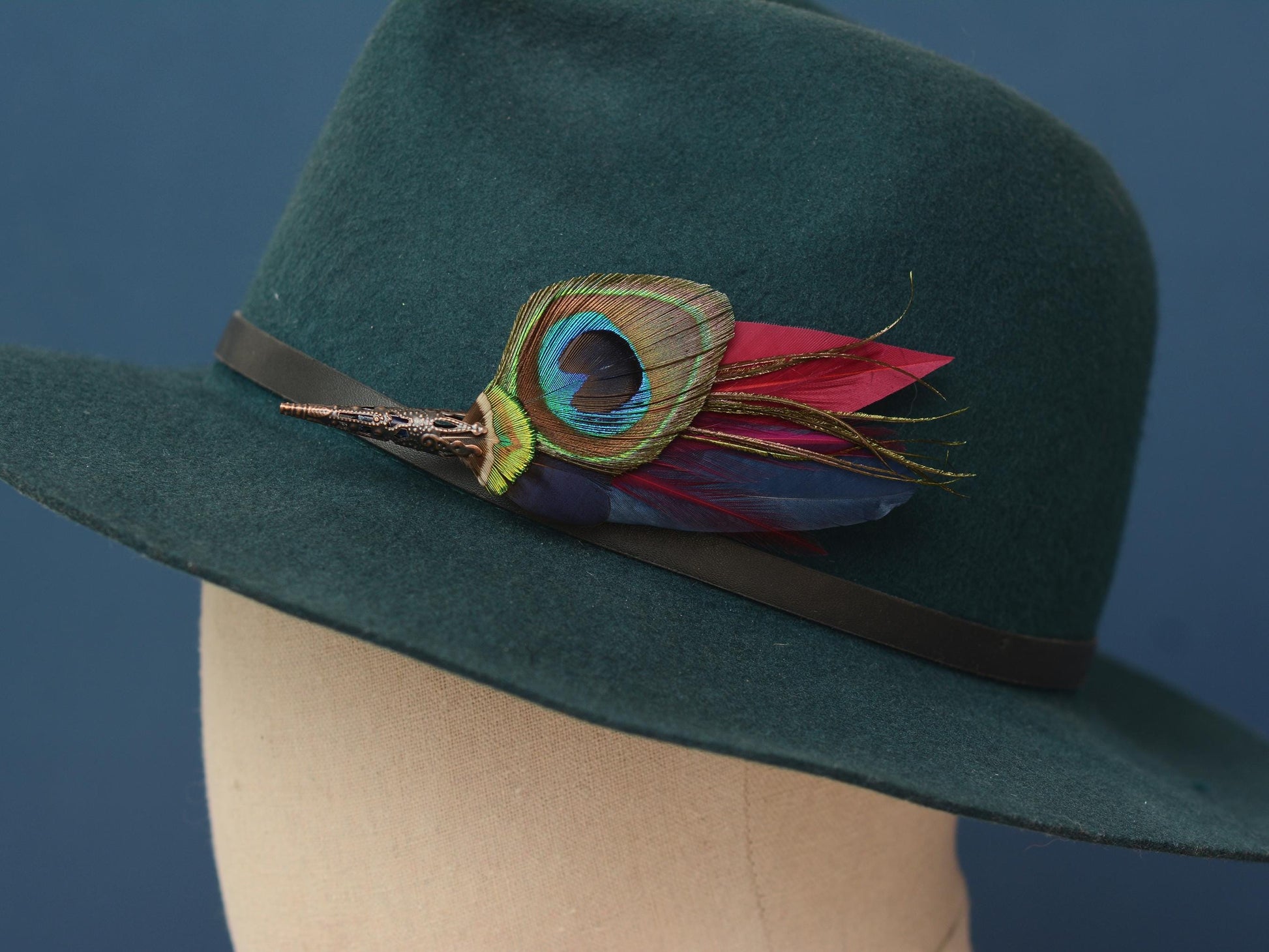 Burgundy and Navy Peacock Feather Boutonniere Pin | Feather Hat Pin | Peacock Feather Brooch