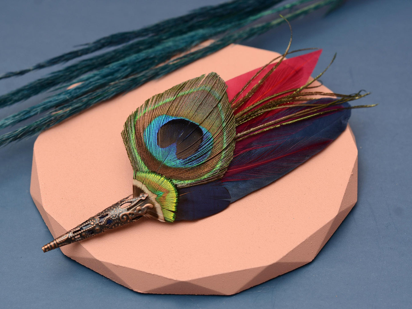 Burgundy and Navy Peacock Feather Boutonniere Pin | Feather Hat Pin | Peacock Feather Brooch