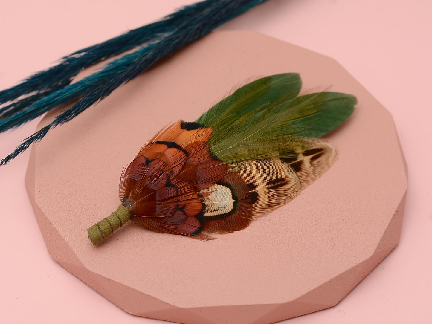 Green and Copper Pheasant Feather Lapel Pin | Feather Boutonniere | Duck Feather Brooch
