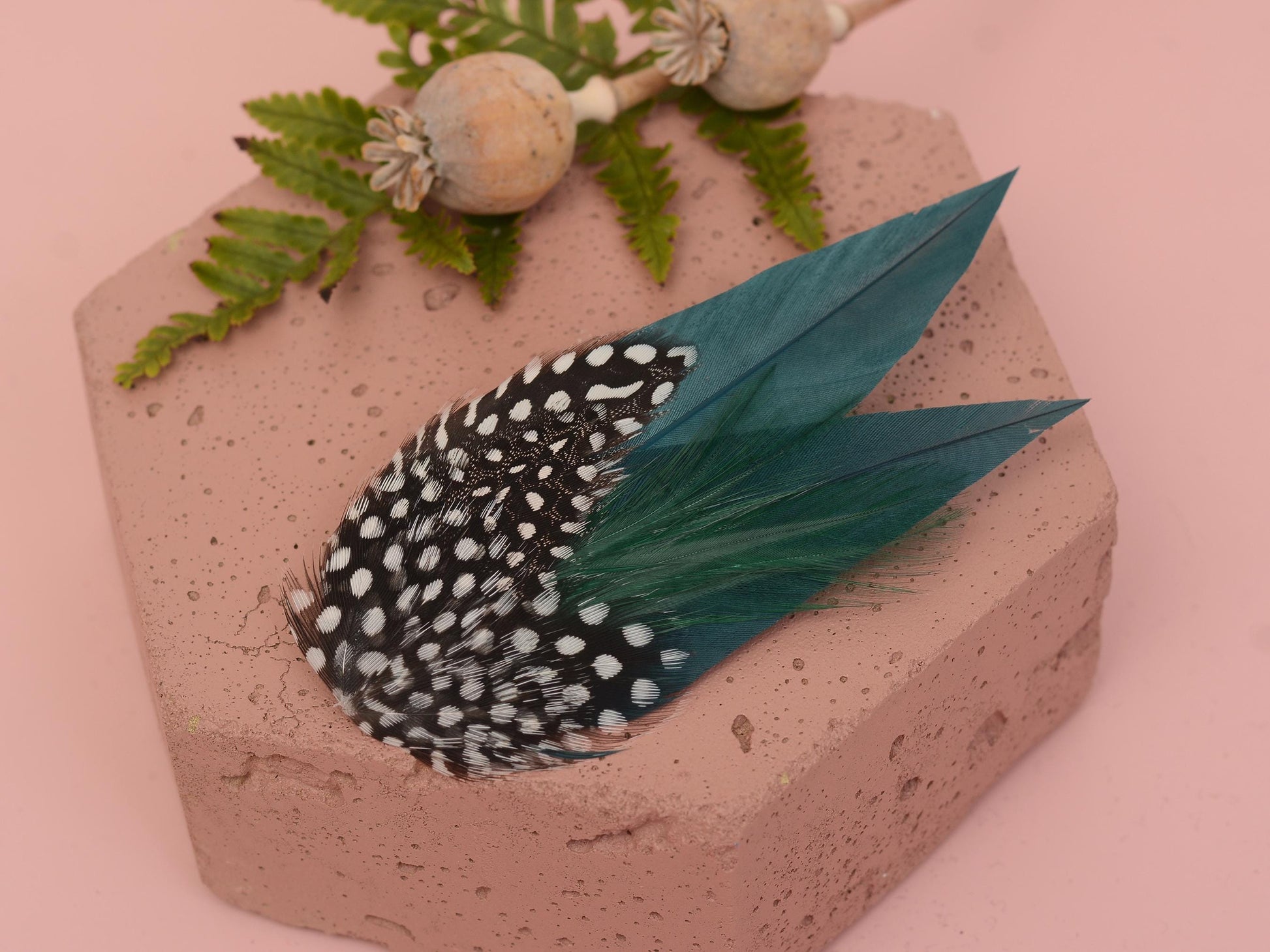 Deep Green Feather Hair Clip with Polka Dots, Green Feather Hair Piece