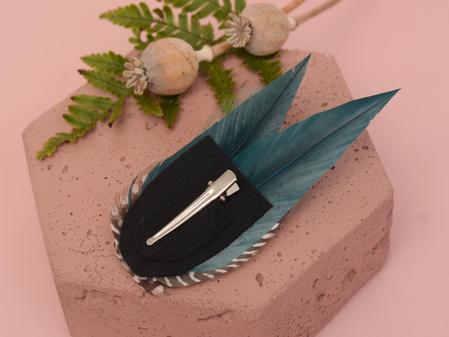 Deep Green Feather Hair Clip with Polka Dots, Green Feather Hair Piece
