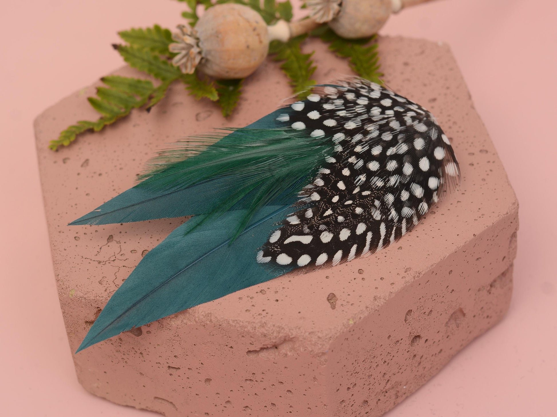 Deep Green Feather Hair Clip with Polka Dots, Green Feather Hair Piece