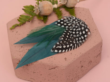 Deep Green Feather Hair Clip with Polka Dots, Green Feather Hair Piece