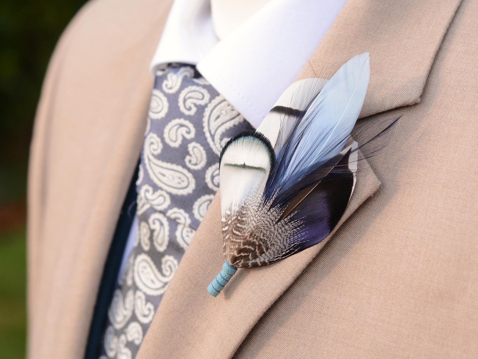 Pheasant and Duck Blue Feather Lapel Pin / Hat Pin No.219 | Unique Peacock Feather Boutonniere | Peacock Feather Brooch