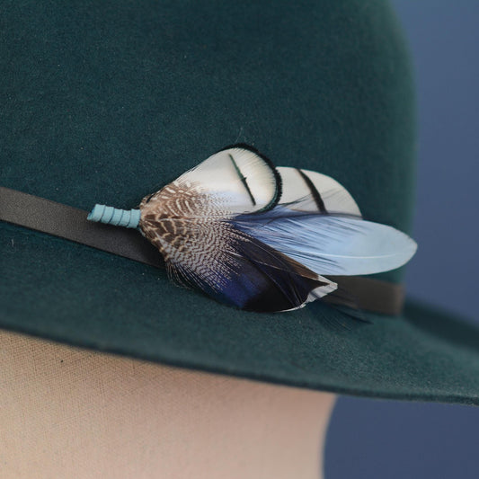 Pheasant and Duck Blue Feather Lapel Pin / Hat Pin No.219 | Unique Peacock Feather Boutonniere | Peacock Feather Brooch