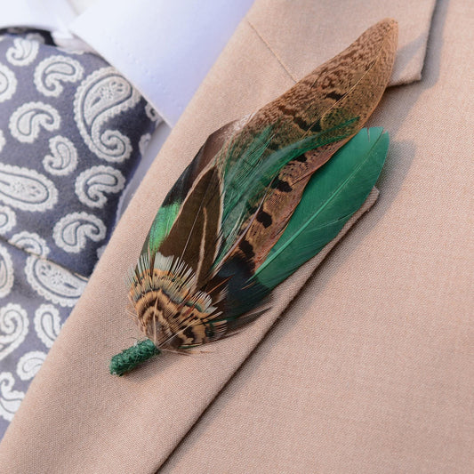 Pheasant and Duck Green Feather Lapel Pin / Hat Pin No.232 | Unique Duck Feather Boutonniere | Duck Feather Brooch