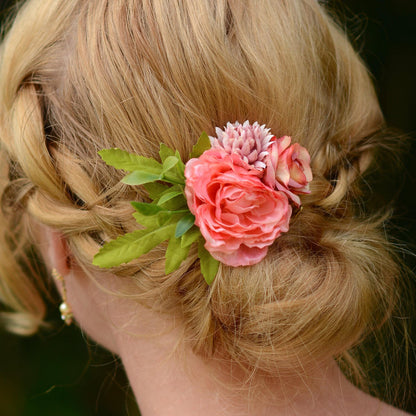 Flower Hair Clip in Coral and Blush Pink | Bridesmaids Hair Clip | Floral Headpiece | Bridal Hair Clip | Flower Bun Clip