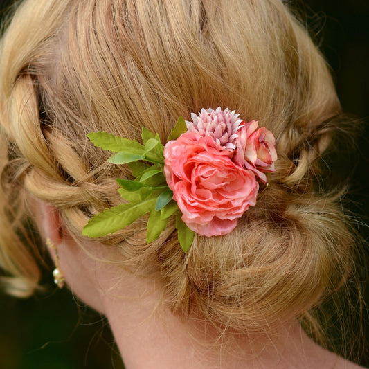 Flower Hair Clip in Coral and Blush Pink | Bridesmaids Hair Clip | Floral Headpiece | Bridal Hair Clip | Flower Bun Clip