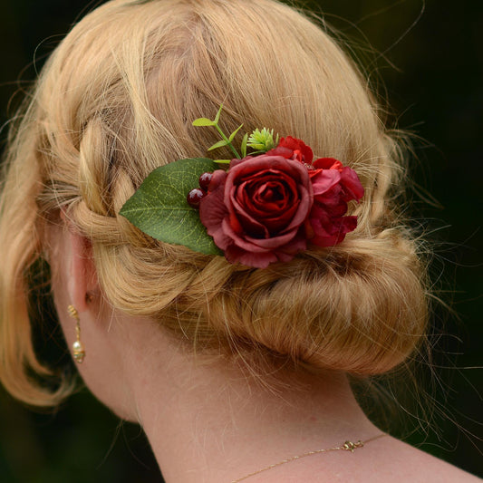 Red Rose and Blossom Hair Clip | Silk Flower Hair Clip | Bridal Hair Clip | Bridesmaids Hair Clip | Floral Headpiece