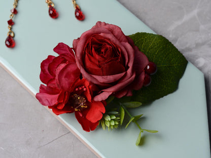 Red Rose and Blossom Hair Clip | Silk Flower Hair Clip | Bridal Hair Clip | Bridesmaids Hair Clip | Floral Headpiece