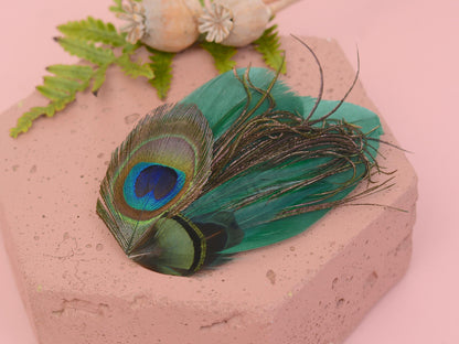Green Peacock Feather Hair Clip Fascinator, Peacock Feather Headpiece