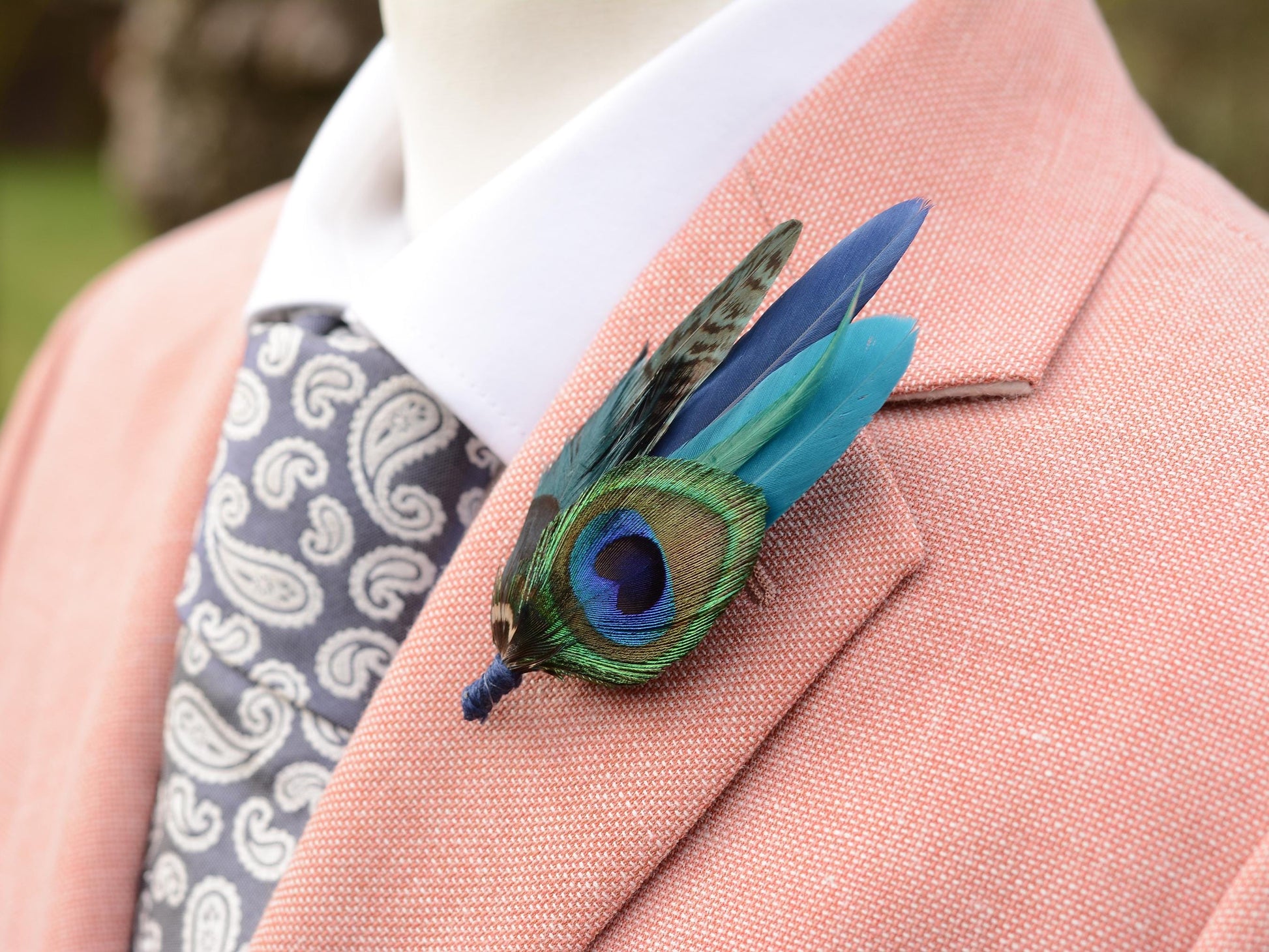 Peacock and Pheasant Navy and Green Feather Lapel Pin Small No.242 | Unique Peacock Feather Boutonniere | Pheasant Feather Brooch