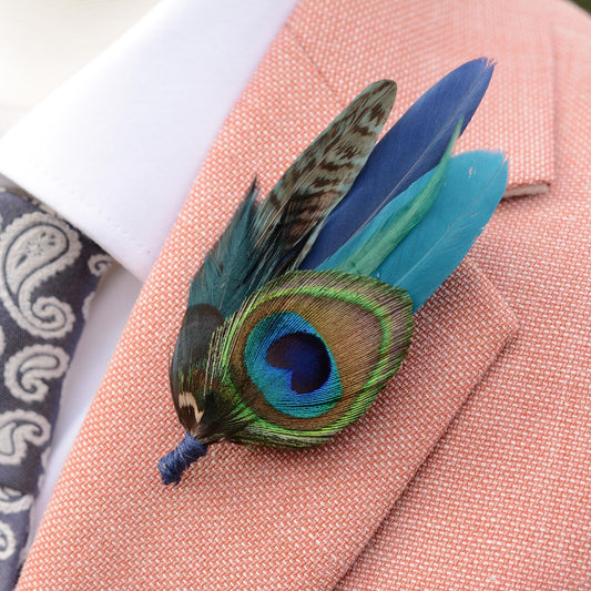Peacock and Pheasant Navy and Green Feather Lapel Pin Small No.242 | Unique Peacock Feather Boutonniere | Pheasant Feather Brooch