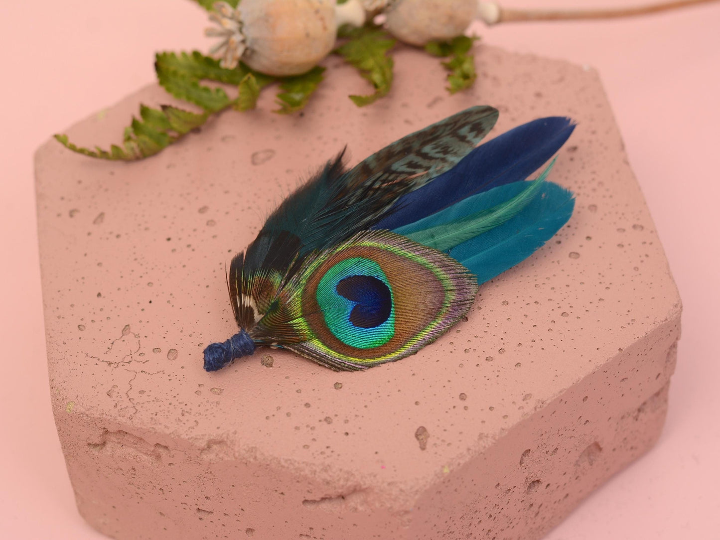 Peacock and Pheasant Navy and Green Feather Lapel Pin Small No.242 | Unique Peacock Feather Boutonniere | Pheasant Feather Brooch