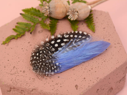 Feather Hair Clip in Cornflower Blue and Polka Dot | Blue Feather Hair Clip | Pastel Blue Feather Headpiece | Wedding Fascinator