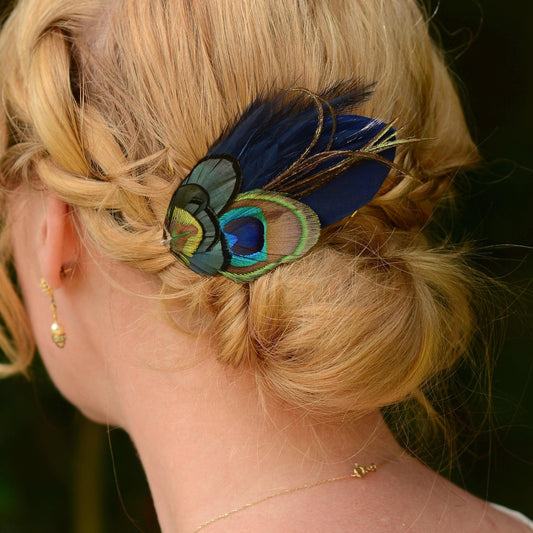 Navy Blue Peacock Feather Hair Clip | Peacock Feather Fascinator | Peacock Feather Headpiece | Bridal Hair Clip | Bridesmaid Hair Clip