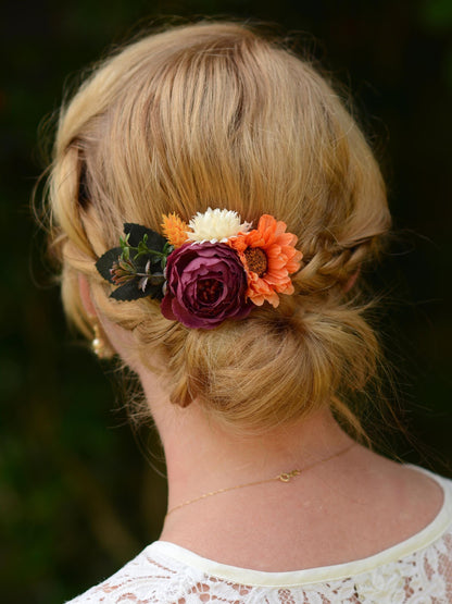 Rose Flower Hair Clip in Purple Burgundy and Burnt Orange | Fall Wedding Hair Piece