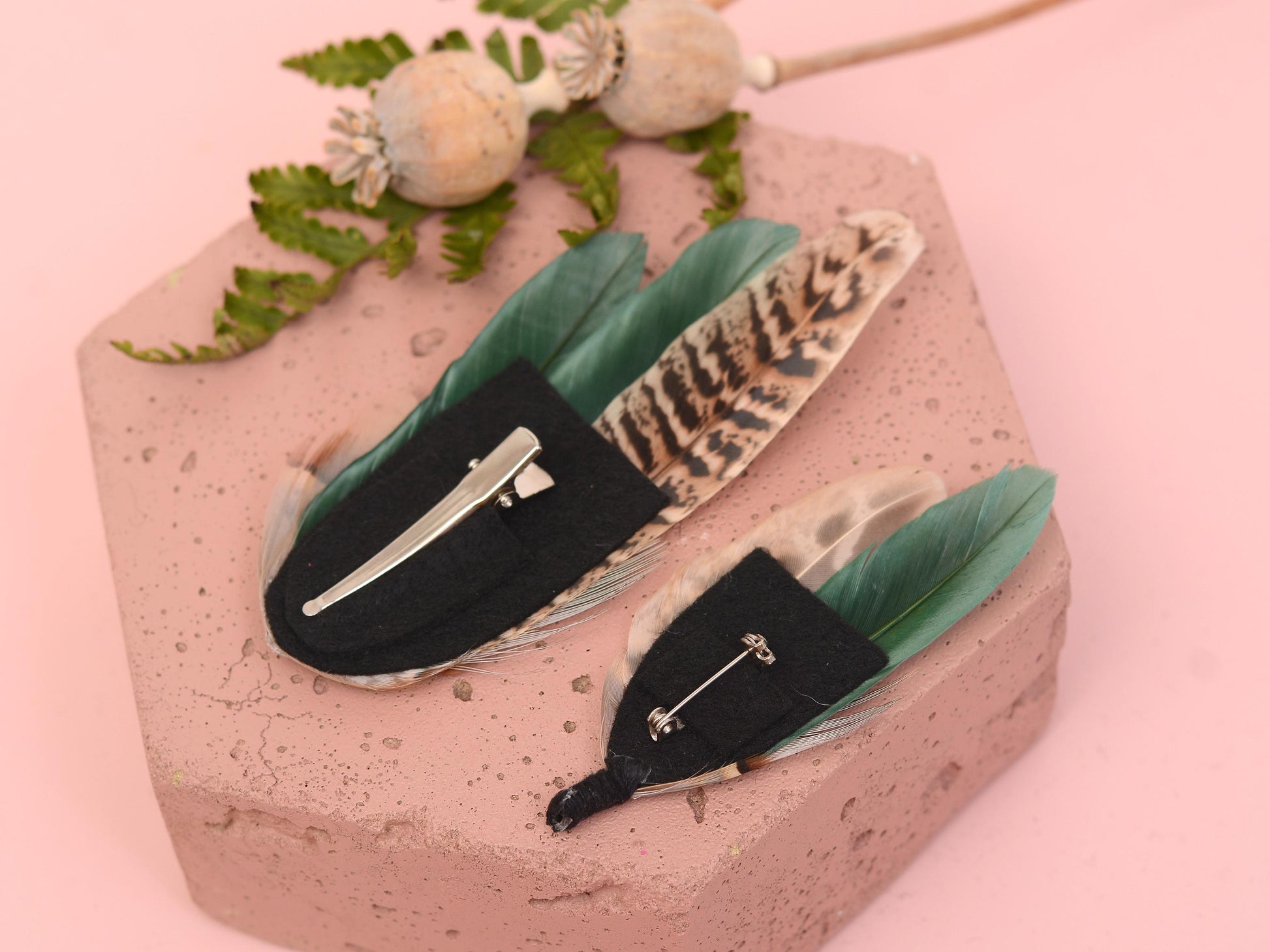 Green Partridge and Pheasant Feather Hair Clip / Boutonniere Set | Pheasant Feather Fascinator | Bridesmaid Hair Clip