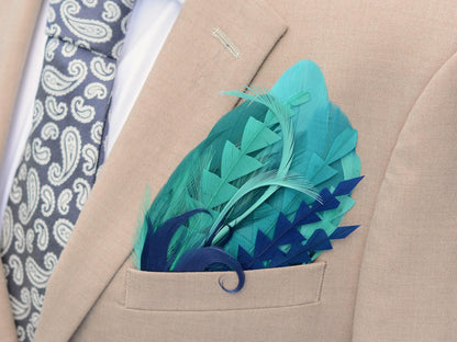 Turquoise, Green and Blue Feather Pocket Square No.247 Suit Accessory