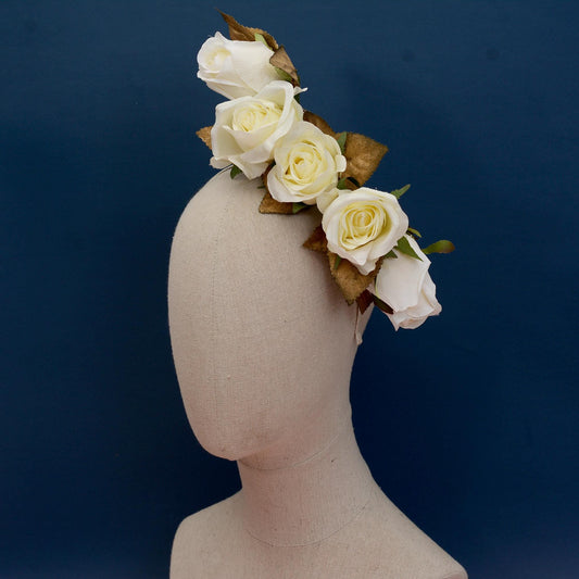 Floating Ivory and Gold Roses Flower Crown Headpiece | Flower Headband | Bridal Headpiece | Wedding Headpiece | Races Headpiece