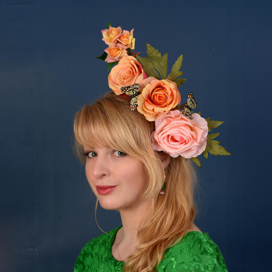 Sculptural Roses Headpiece in Pink and Orange | Flower Fascinator | Flower Headband | Wedding Headpiece | Races Headpiece